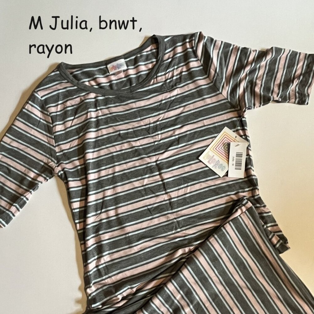 Medium Lularoe Julia dress, grey, pink, light blue stripes, rayon, dipped